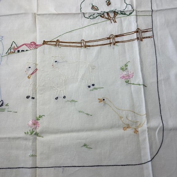 Vintage Embroidered Small Tablecloth Linen Little Boy Blue Blowing Horn Lambs - Picture 3 of 12